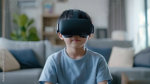 A young Asian boy enjoys playing online sports games in the living room using a wearable VR headset, immersing himself in the metaverse with home technology