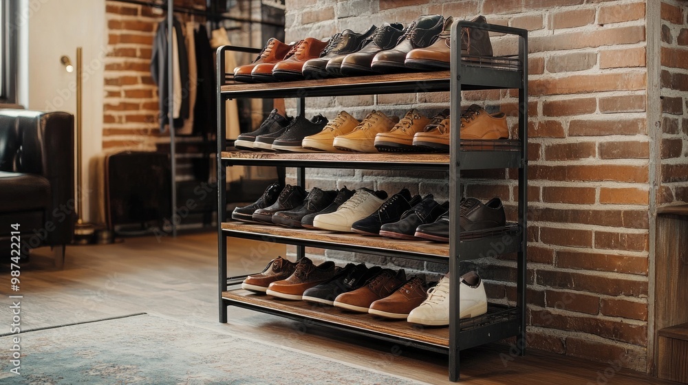 An industrial-style shoe rack made of metal and wood, holding an eclectic assortment of shoes, set in a trendy loft space with exposed brick walls. An industrial-style shoe rack made of metal and wood, holding an eclectic assortment of shoes, set in a trendy loft space with exposed brick walls.