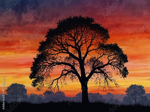 Silhouetted tree against a colorful sunset in watercolor.