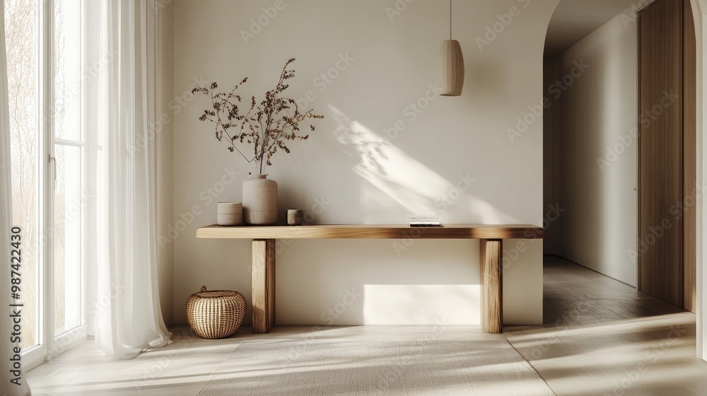 Fototapeta premium An inviting entryway of a minimalist house, showcasing a simple console table, a few decorative elements, and a bright atmosphere created by ample lighting.