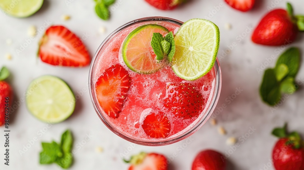 Top view of a Tom strawberry drink in a clear glass, surrounded by fresh strawberries, lime slices, and mint on a light surface. Top view of a Tom strawberry drink in a clear glass, surrounded by fresh strawberries, lime slices, and mint on a light surface.