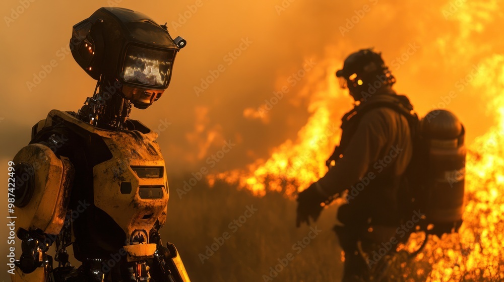 AI robots working with firefighters in search and rescue operations, using advanced AI sensors to locate survivors in smoke-filled areas AI robots working with firefighters in search and rescue operations, using advanced AI sensors to locate survivors in smoke-filled areas