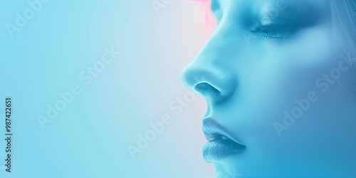 Abstract background with a girl's face and light blue gradient, soft and smooth texture, minimalistic design.