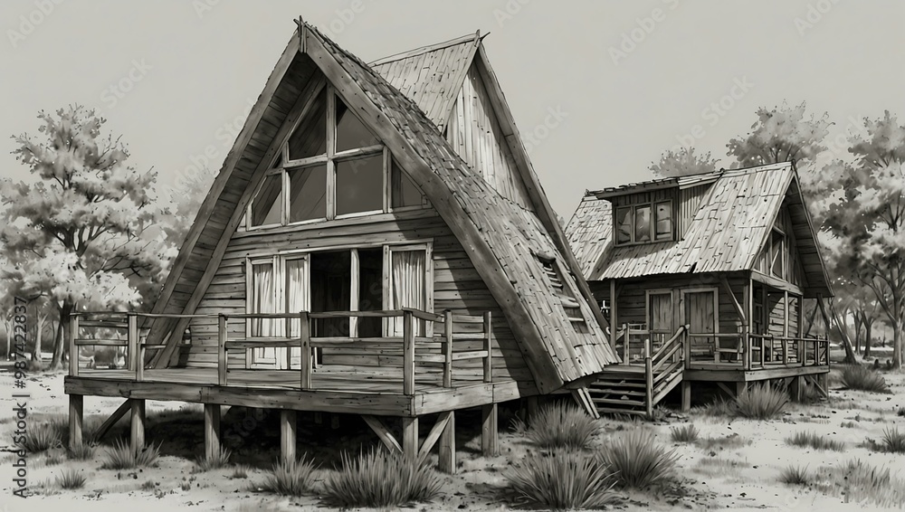 Sketch of wooden A-frame houses, isolated with white highlights. Sketch of wooden A-frame houses, isolated with white highlights.