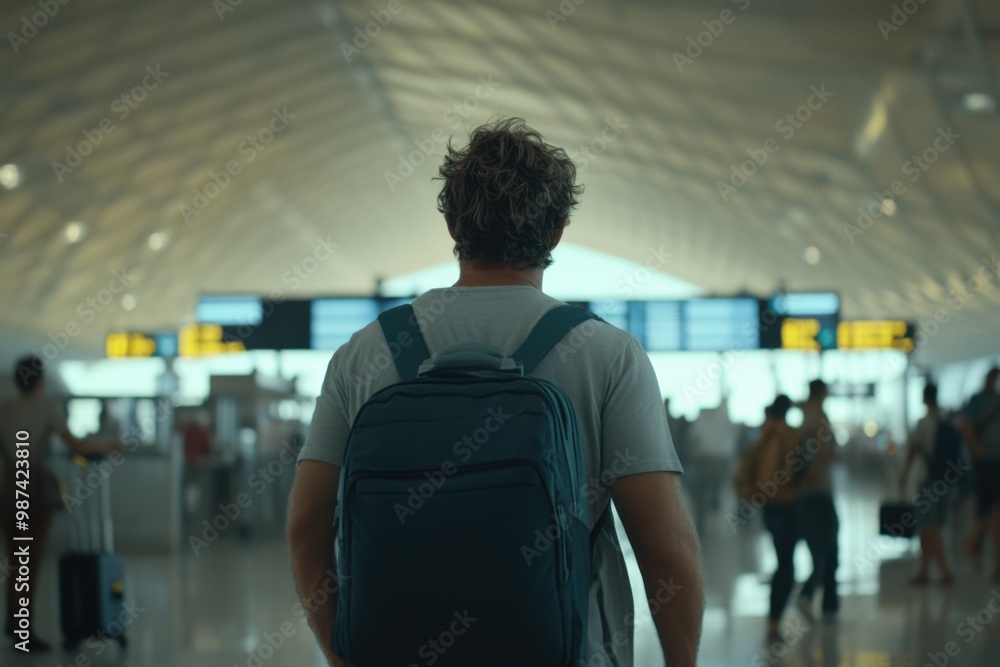 A man with a suitcase stands in front of a check-in screen at airport A man with a suitcase stands in front of a check-in screen at airport