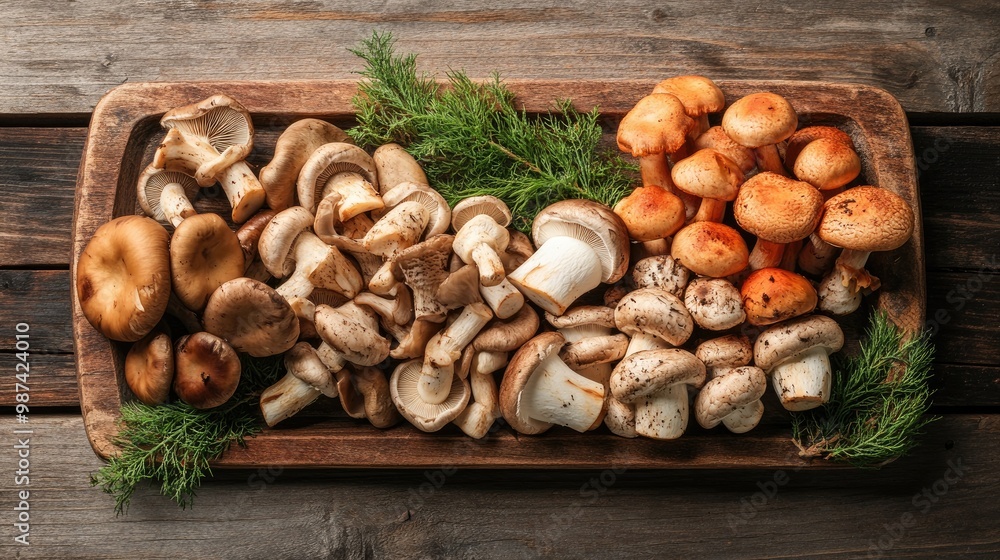 Top view of an assortment of fresh mushrooms including shiitake, cremini, and portobello, arranged on a rustic wooden board. Top view of an assortment of fresh mushrooms including shiitake, cremini, and portobello, arranged on a rustic wooden board.
