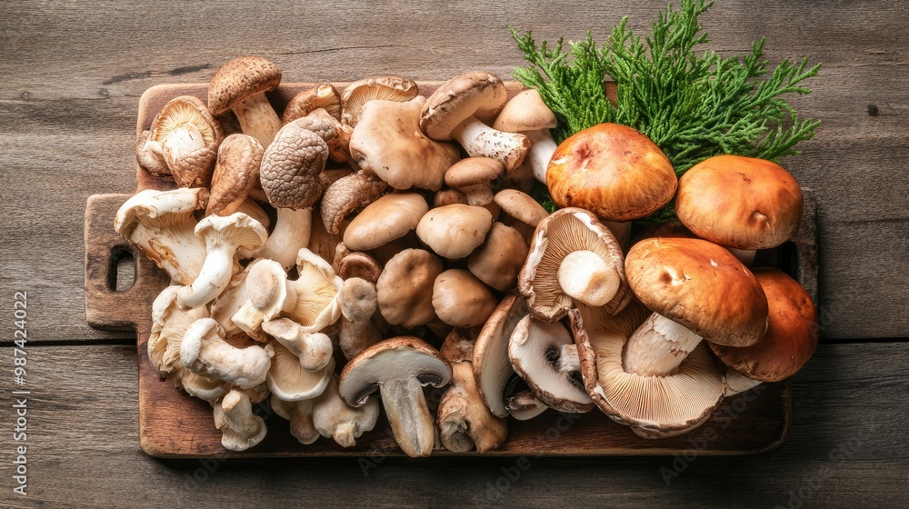 Top view of an assortment of fresh mushrooms including shiitake, cremini, and portobello, arranged on a rustic wooden board. Top view of an assortment of fresh mushrooms including shiitake, cremini, and portobello, arranged on a rustic wooden board.