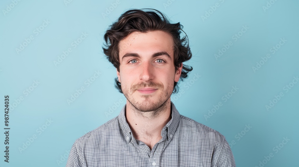 Fototapeta premium Young European Man with Wavy Hair in a Checkered Shirt