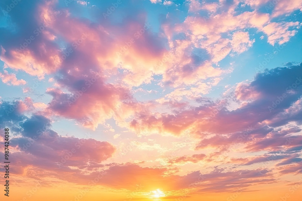 Fototapeta premium Real majestic sunrise sundown sky background with gentle colorful clouds without birds. Panoramic, generative ai