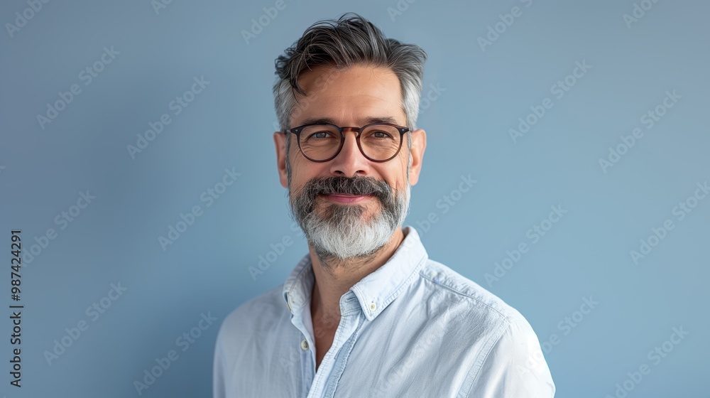 Fototapeta premium Professional Portrait of a Mature Man with Glasses and Beard on Light Blue Background
