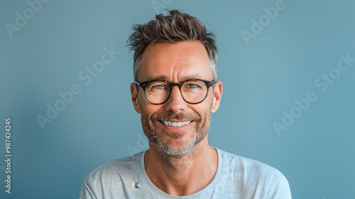 Professional Portrait of a Mature Man with Glasses and Beard on Light Blue Background