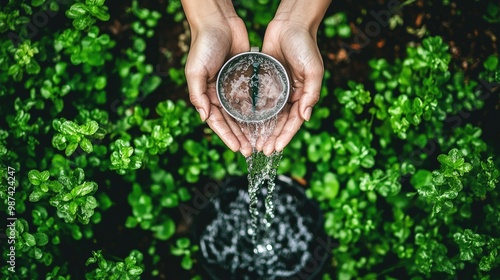 Top view of an outdoor tap with water flowing into cupped hands, surrounded by green grass and a small watering can. photo