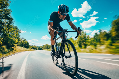 Male cyclist in black gear riding on a sunny rural road with trees and blue sky. Focused on high-speed outdoor training