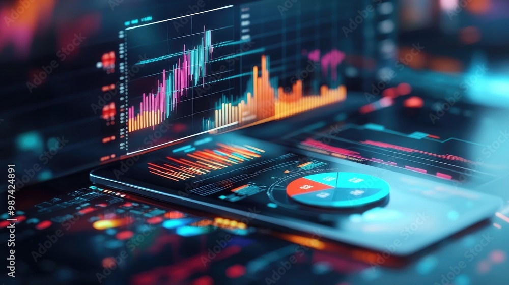 Multiple 3D pie charts hovering over a digital tablet, showcasing complex financial data and investment portfolios, with graphs and charts around the screen.