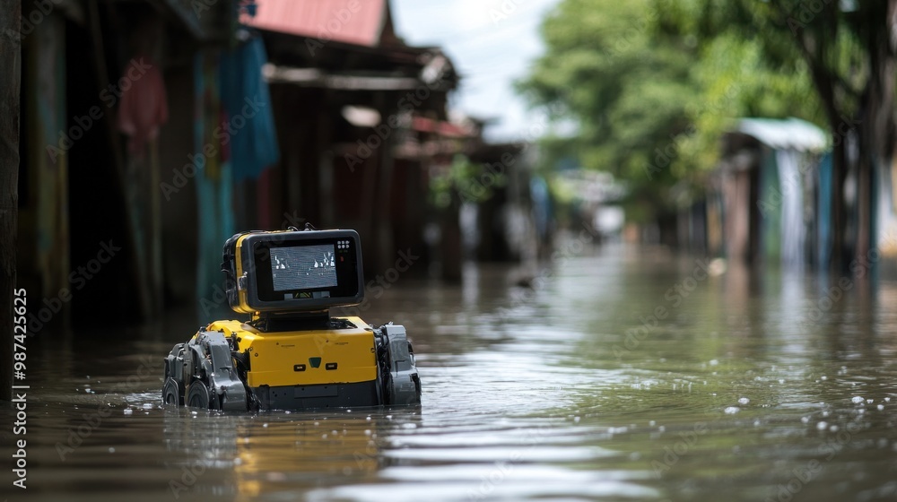 AI-powered robots in flood rescue operations, wading through dangerous waters to help survivors and deliver supplies to isolated areas AI-powered robots in flood rescue operations, wading through dangerous waters to help survivors and deliver supplies to isolated areas