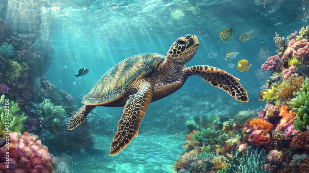 Obraz premium A sea turtle gracefully swimming in crystal-clear turquoise waters, with colorful coral reefs and schools of fish in the background.
