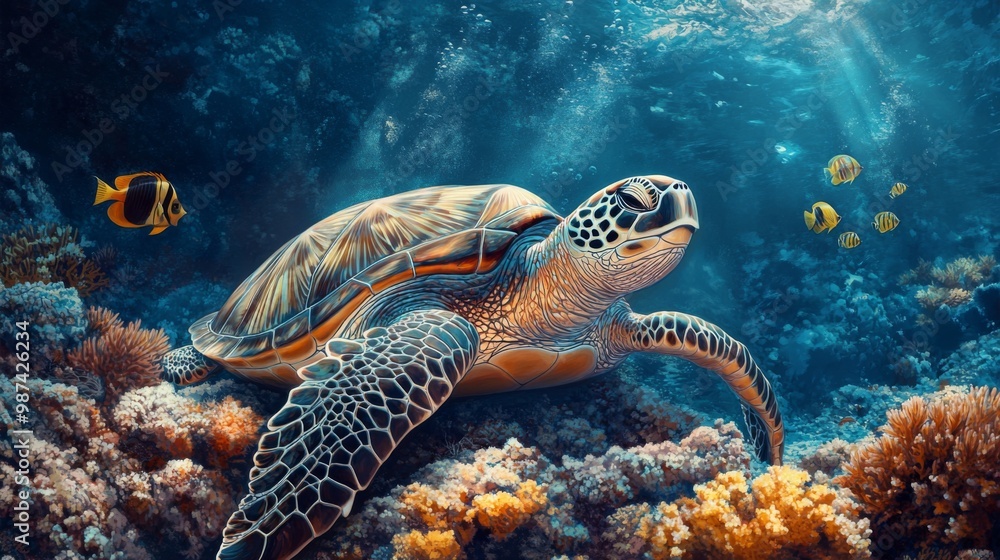 Fototapeta premium A sea turtle resting on a coral bed with a small school of fish swimming around it, capturing the harmony and beauty of underwater marine ecosystems.
