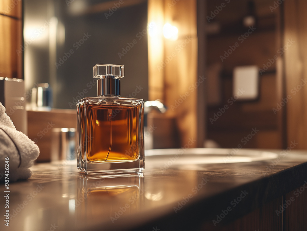 a glass bottle of high end mens womens cologne perfume on a bathroom counter a glass bottle of high end mens womens cologne perfume on a bathroom counter