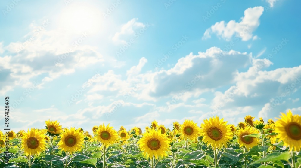 Obraz premium Wide view of a sunflower field in full bloom with a bright sky above, offering ample blank space on the left for text or branding.