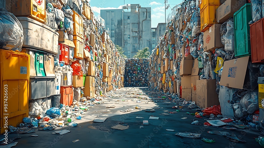Fototapeta premium A narrow alleyway lined with towering piles of trash and recycling. The path leads towards a wall of compacted garbage, with a glimpse of an urban cityscape in the distance.