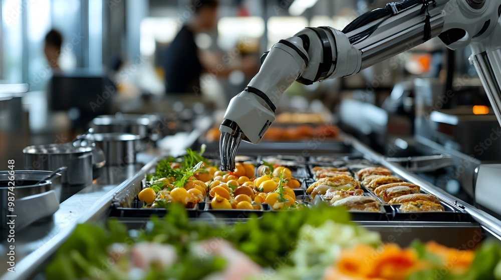 Automated robotic arm arranging food items on a conveyor belt ...