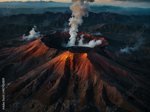 Stunning aerial view of a volcano with mountains. photo