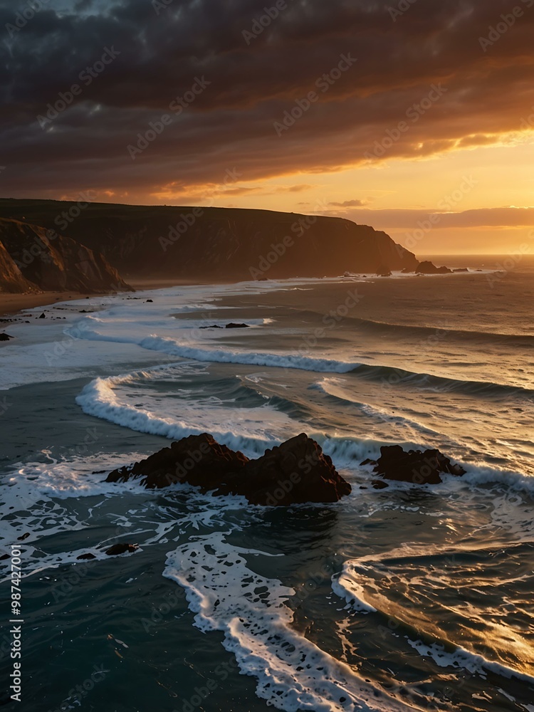 Stunning sunset over a rugged coastline, casting warm light. Stunning sunset over a rugged coastline, casting warm light.