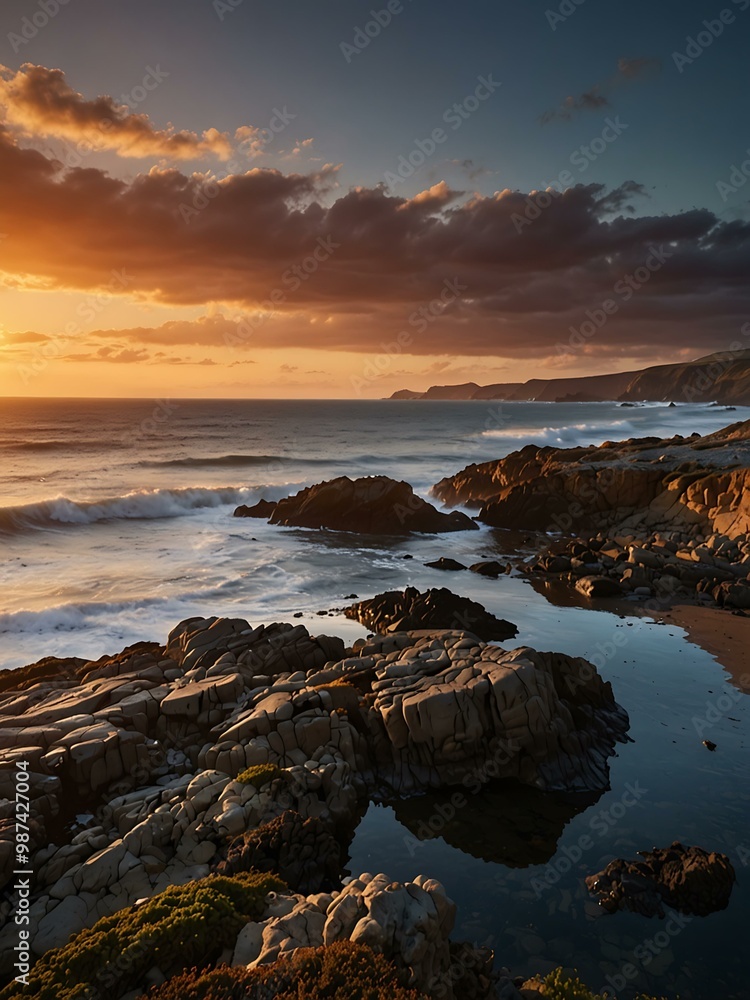 Stunning sunset over a rugged coastline, casting warm light. Stunning sunset over a rugged coastline, casting warm light.