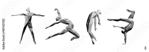 Jumping Man. Gymnastic exercises for the health and fitness community. 3D model of human body. Guy doing one arm stand. Sports symbol for fitness studio, dance class, yoga or aerobics classes.