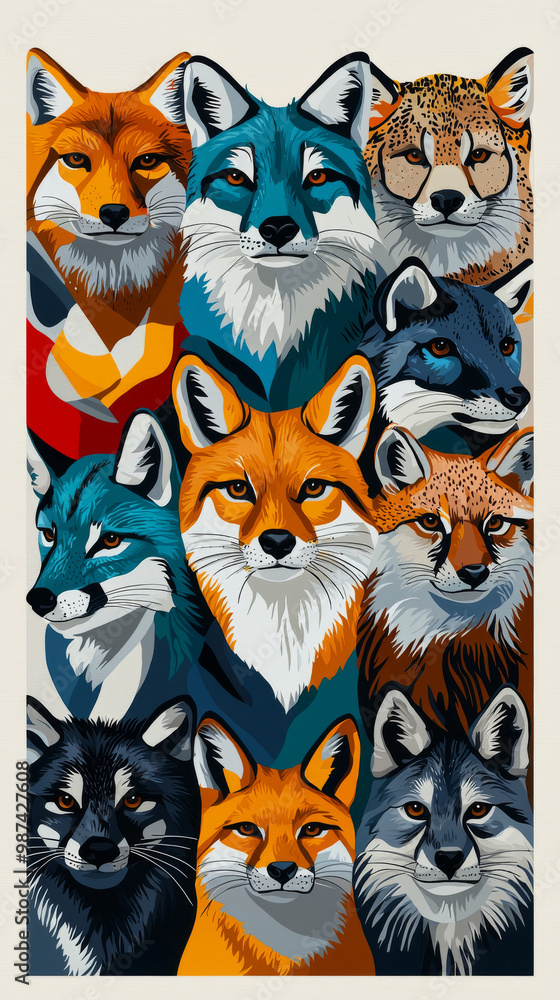 A colorful illustration of various fox and wolf species. A colorful illustration of various fox and wolf species.