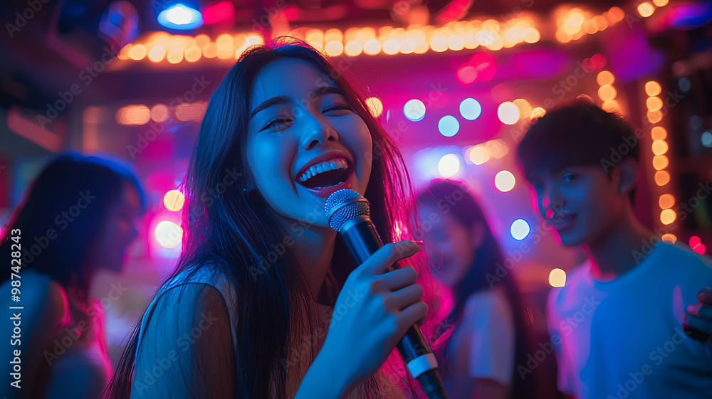 Indonesian Gen Z friends having fun, holding microphone singing and sharing laughter in a karaoke room. Indonesian Gen Z friends having fun, holding microphone singing and sharing laughter in a karaoke room.