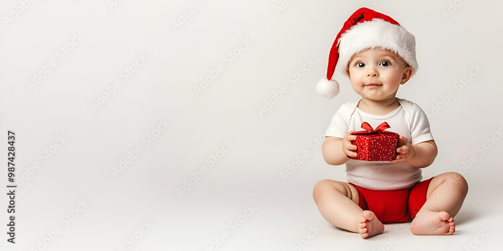 Baby wearing a Santa hat holding a small red gift while sitting on a white background Baby wearing a Santa hat holding a small red gift while sitting on a white background