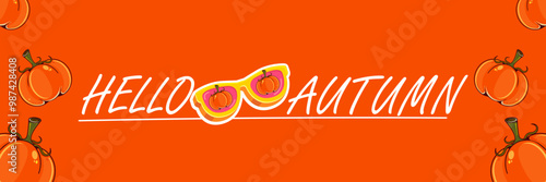 Super Hello Autumn vector banner with text and retro yellow sunglasses isolated on stripped background. Hello Autumn poster design template with cartoon sunglasses, retro rainbow, good vibes