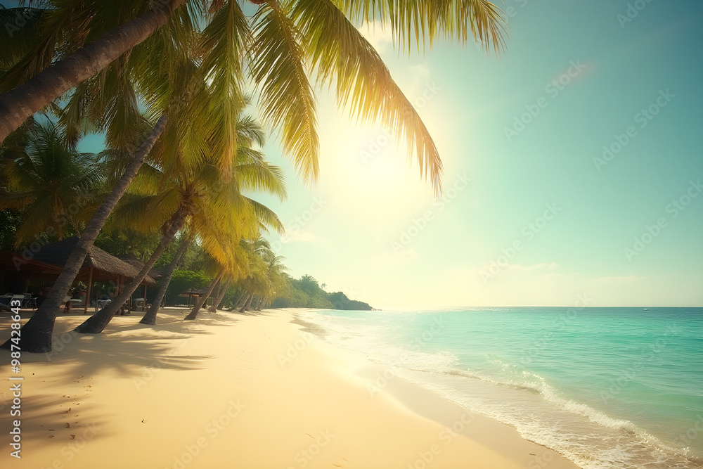 Obraz premium Tropical sandy ocean beach with palm trees vintage toned with film