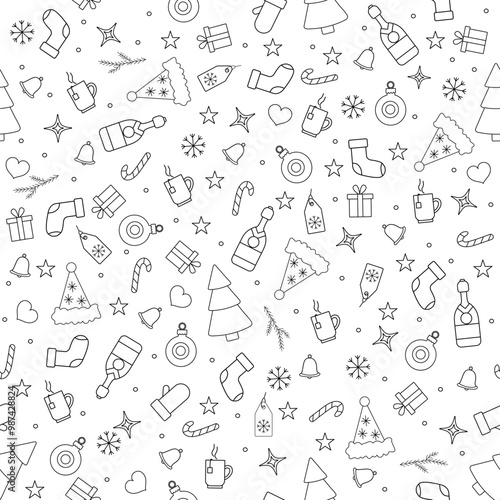 Seamless pattern with christmas objects isolated on a white background. Black stroke, outline hand drawn style. Background for paper, cover, textile, dishes, interior decor.