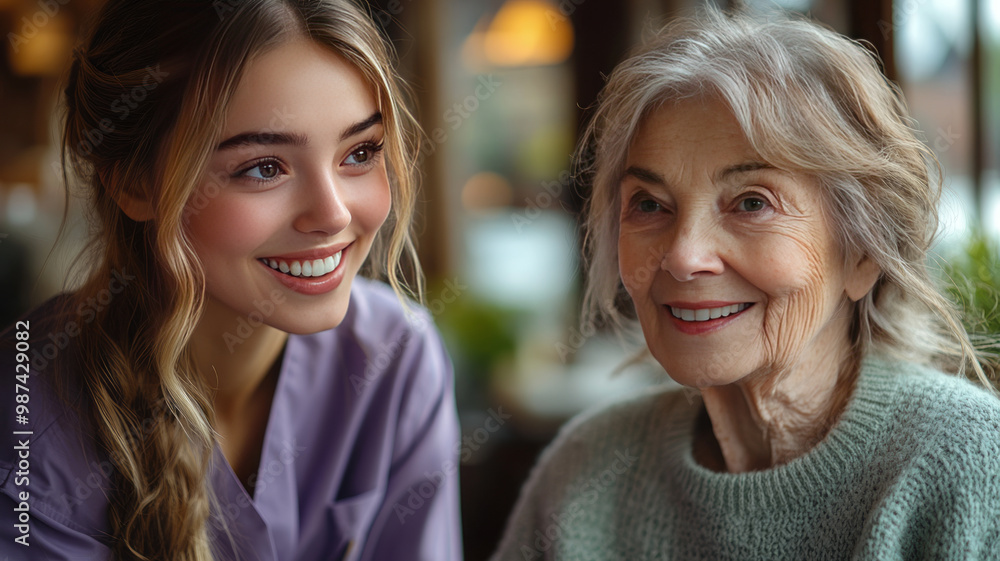 a female healthcare worker smiling, wearing purple scrubs, interacting warmly with an elderly upper class woman who is wearing a light green knitted top, a female healthcare worker smiling, wearing purple scrubs, interacting warmly with an elderly upper class woman who is wearing a light green knitted top,