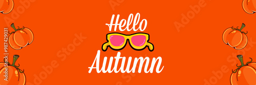 Super Hello Autumn vector banner with text and retro yellow sunglasses isolated on stripped background. Hello Autumn poster design template with cartoon sunglasses, retro rainbow, good vibes