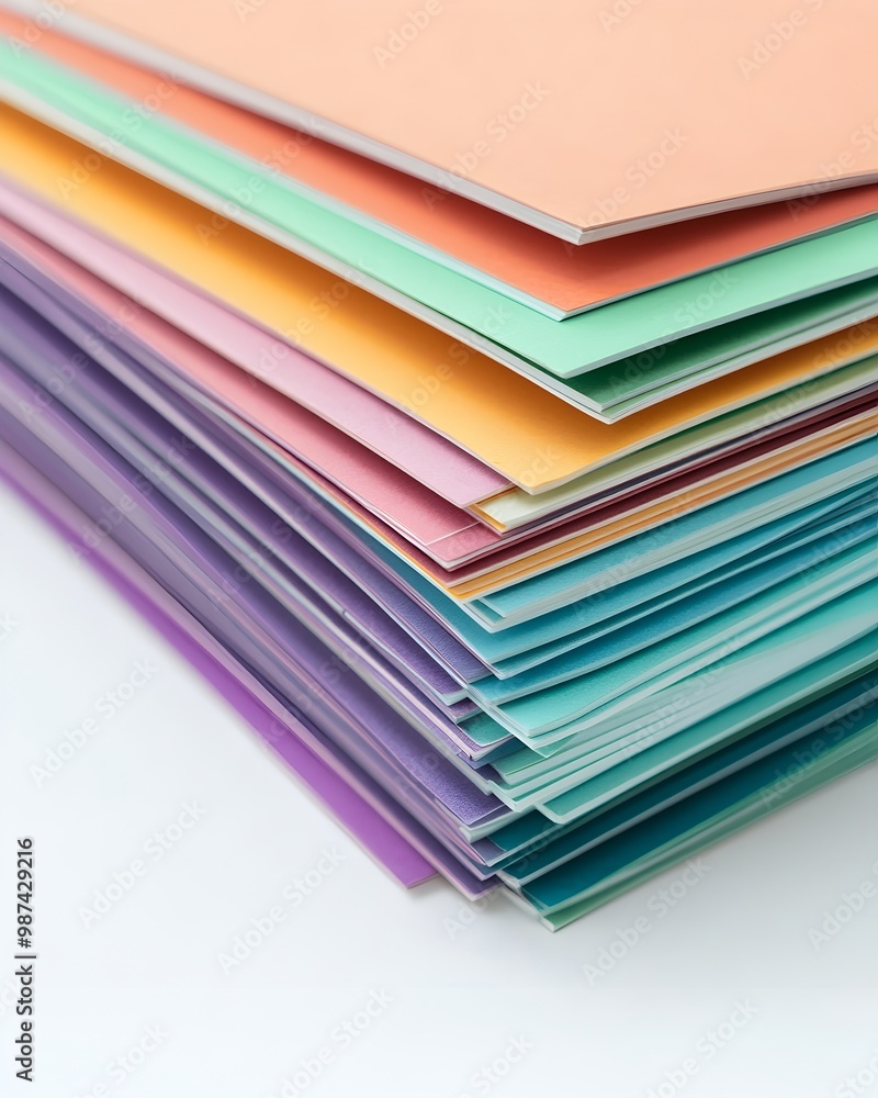 Neatly Stacked Pile of Colorful Index Cards on Clean White Background in Modernist Style Neatly Stacked Pile of Colorful Index Cards on Clean White Background in Modernist Style