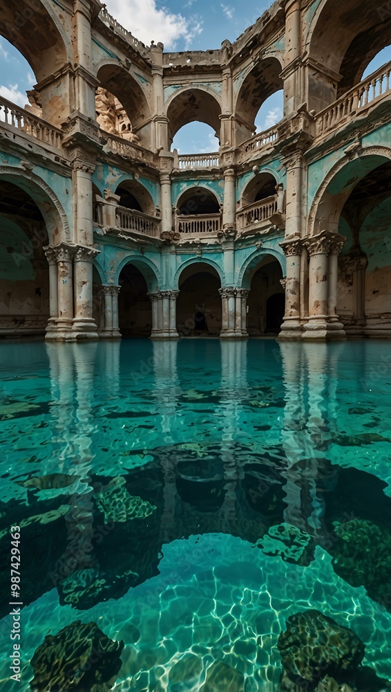 Sunken palace with arches in turquoise water. Sunken palace with arches in turquoise water.