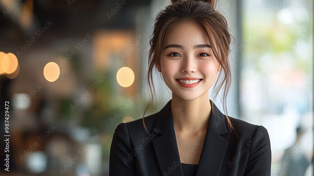 happy Asian woman in a formal black suit smiling in her workplace highlighting her professional demeanor and engagement in the office environment happy Asian woman in a formal black suit smiling in her workplace highlighting her professional demeanor and engagement in the office environment