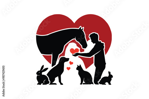 silhouettes of the animals and the person are in black with red heart vector illustration 