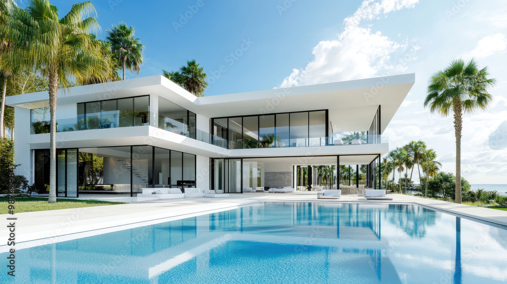 Fototapeta premium Modern two-story villa with white exterior walls, glass windows, and balcony railings overlooking the swimming pool in front of it