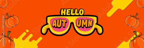 Super Hello Autumn vector banner with text and retro yellow sunglasses isolated on stripped background. Hello Autumn poster design template with cartoon sunglasses, retro rainbow, good vibes
