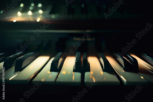 A dramatic image of a grand piano illuminated by a single spotlight in an otherwise dark room, Generative AI photo