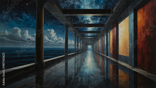 Surreal painting of an endless hallway leading to a visible sky.