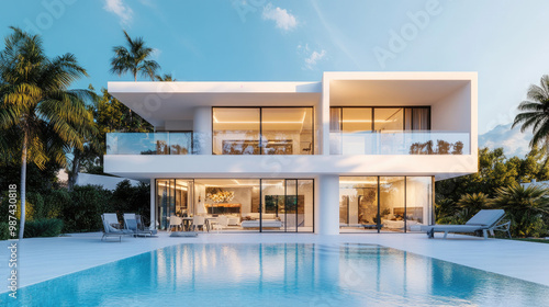 Modern two-story villa with white exterior walls, large glass windows and balcony railings, near the swimming pool in a tropical climate area