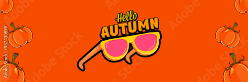 Super Hello Autumn vector banner with text and retro yellow sunglasses isolated on stripped background. Hello Autumn poster design template with cartoon sunglasses, retro rainbow, good vibes