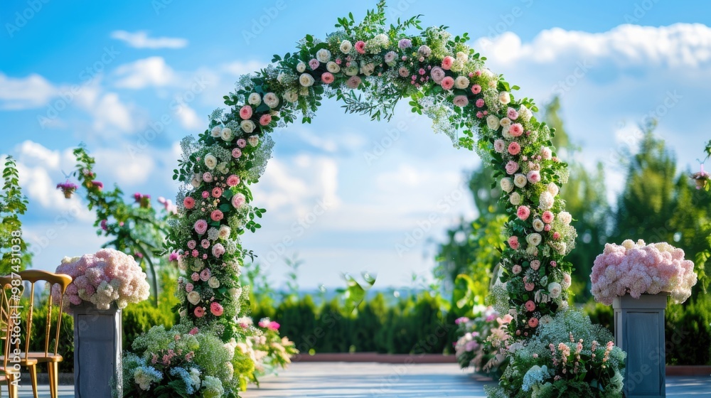 Elegant wedding ceremony arch adorned with floral arrangements and copy space for design elements. Elegant wedding ceremony arch adorned with floral arrangements and copy space for design elements.