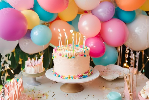 Birthday Cake with balloons, a joyful background beautifully decorated birthday vibes, happy birthday, Generative AI photo