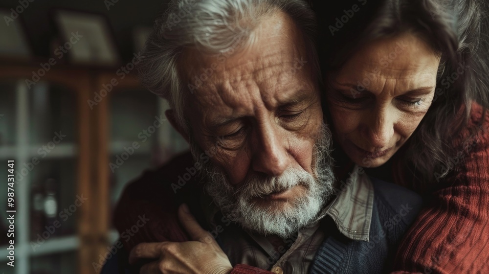 Old wife comforting her husband in a time of grief, representing funeral support and mourning. Old wife comforting her husband in a time of grief, representing funeral support and mourning.